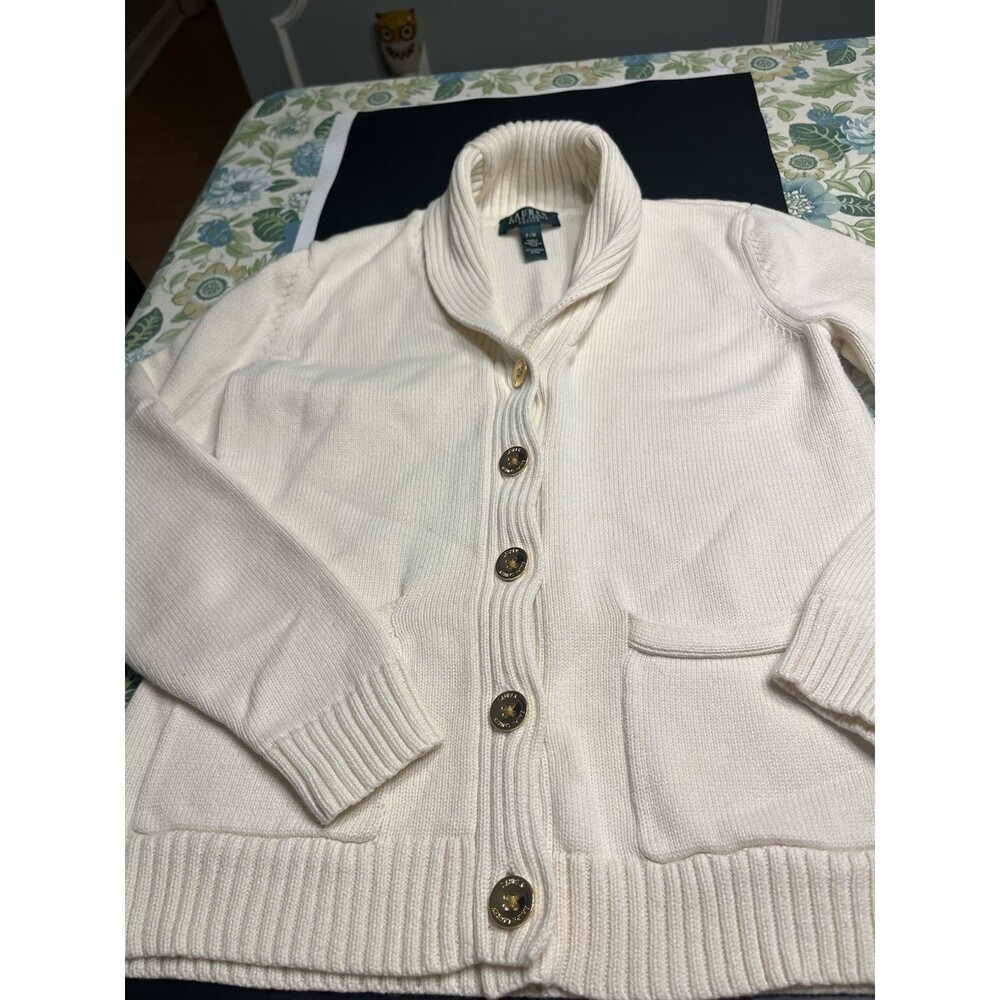 Lauren Ralph Lauren Creamy White Gold Button Front Pocket Cardigan Sweater Sz Mp